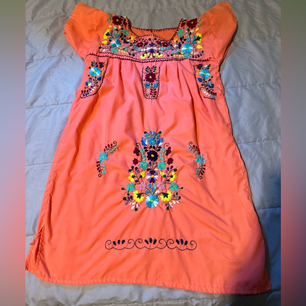 MEXICANA Orange Embroidered Kids Dress